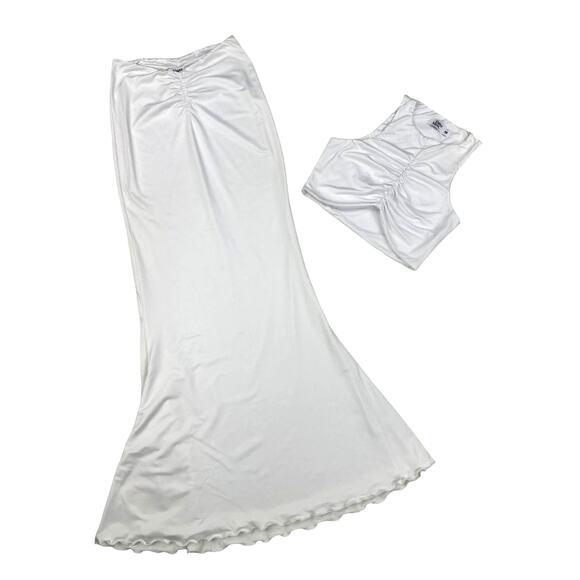 Tiger Mist Ruched Flare Maxi Skirt and Sleeveless Top Set in White